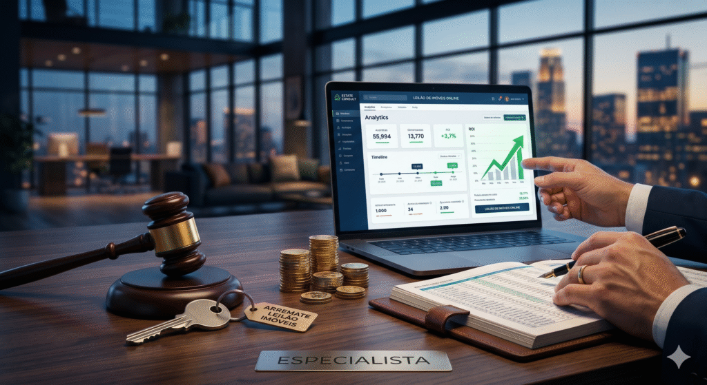 A composição visual destaca o processo: um investidor em primeiro plano está registrando um lance em seu notebook, onde é possível ver o dashboard da "ESTATE CONSULT" com um gráfico de retorno sobre o investimento (ROI) em verde ascendente. Sobre a mesa de madeira, há um martelo de leilão de madeira polida e um molho de chaves moderno, conectando simbolicamente o momento do primeiro arremate leilão imóveis. A paleta de cores foca no azul-marinho e dourado para transmitir profissionalismo e segurança.