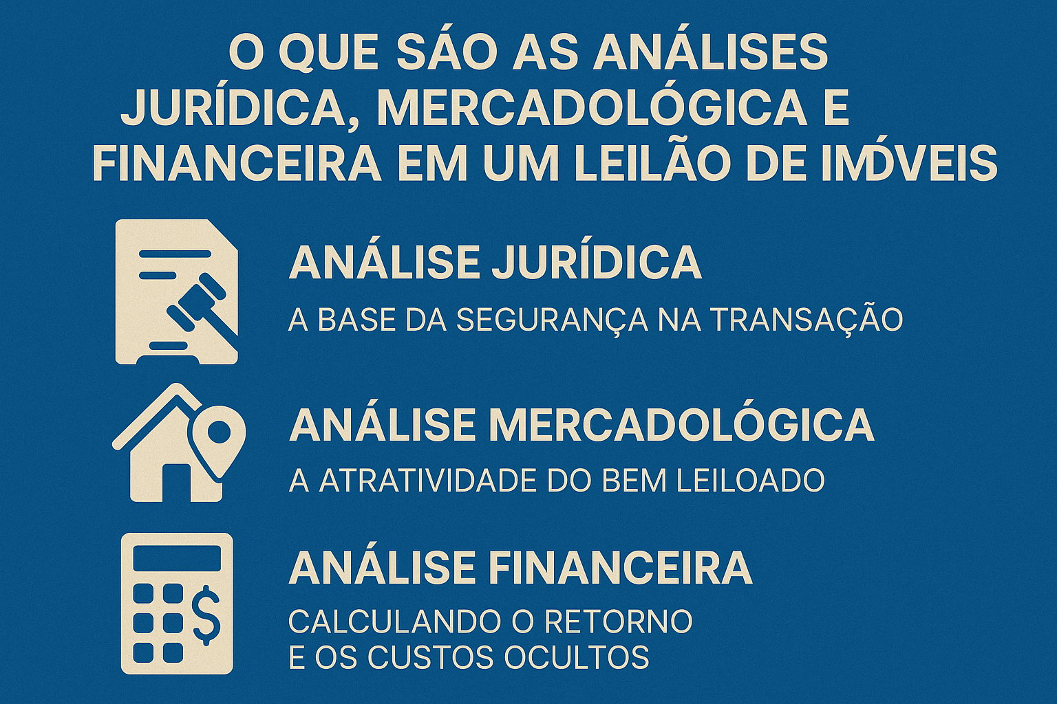 "Infográfico explicativo em fundo azul detalhando os três pilares da Assessoria Imóveis de Leilão. A imagem apresenta ícones e textos em bege para: Análise Jurídica (a base da segurança na transação, ilustrada por um documento e martelo), Análise Mercadológica (a atratividade do bem leiloado, ilustrada por uma casa e pino de localização) e Análise Financeira (calculando o retorno e os custos ocultos, ilustrada por uma calculadora)."