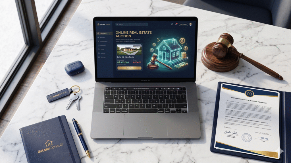 Fotografia em perspectiva de uma mesa de mármore claro com itens de escritório organizados. No centro, um notebook exibe uma interface de leilão de imóveis online com a marca Estate Consult e uma casa digital brilhante. Ao redor do notebook, há um martelo de juiz de madeira, um documento de contrato assinado em uma pasta azul-marinho e dourado, e chaves de casa prateadas com um chaveiro da marca, representando as soluções completas de como participar de leilão de imóveis oferecidas pela empresa.