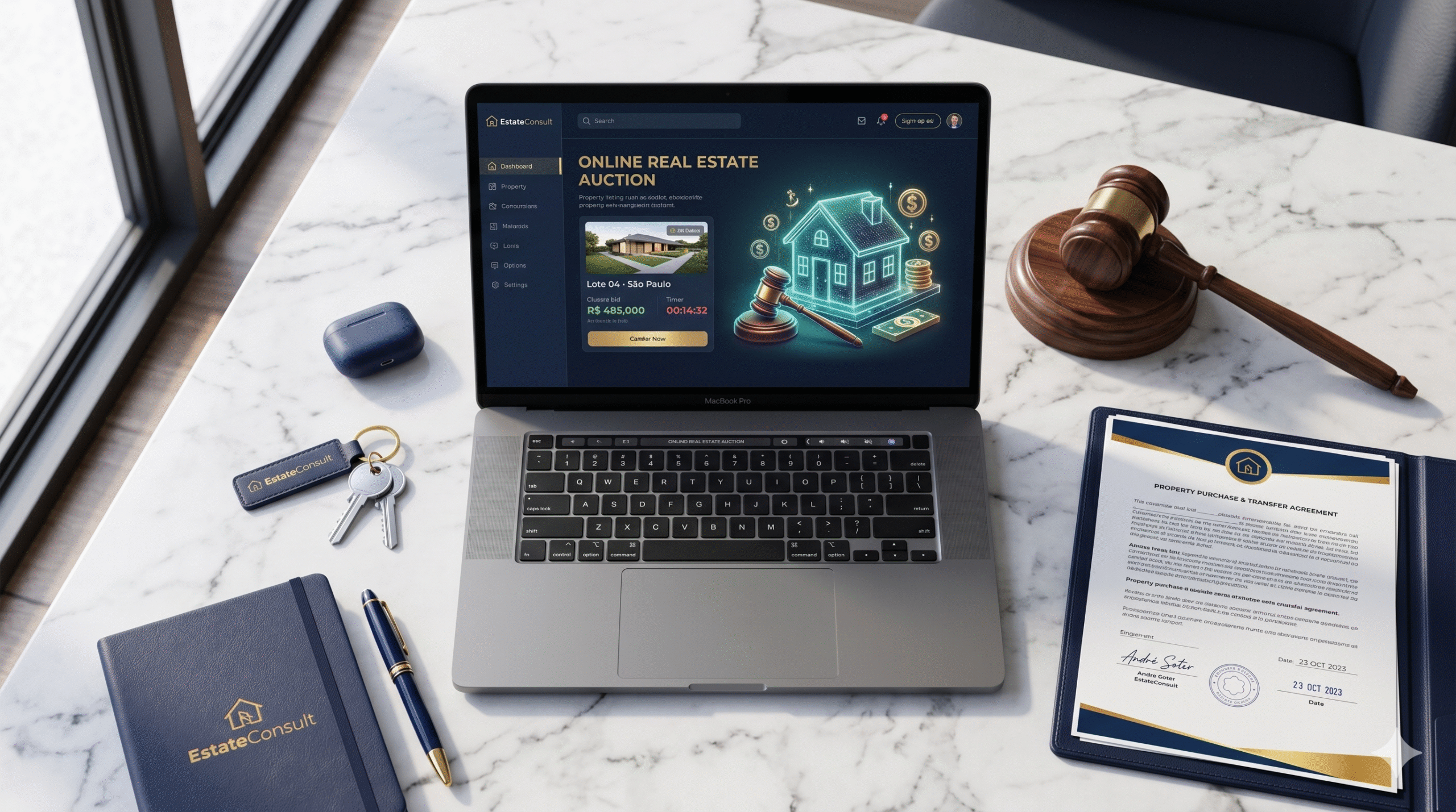 Fotografia em perspectiva de uma mesa de mármore claro com itens de escritório organizados. No centro, um notebook exibe uma interface de leilão de imóveis online com a marca Estate Consult e uma casa digital brilhante. Ao redor do notebook, há um martelo de juiz de madeira, um documento de contrato assinado em uma pasta azul-marinho e dourado, e chaves de casa prateadas com um chaveiro da marca, representando as soluções completas de como participar de leilão de imóveis oferecidas pela empresa.