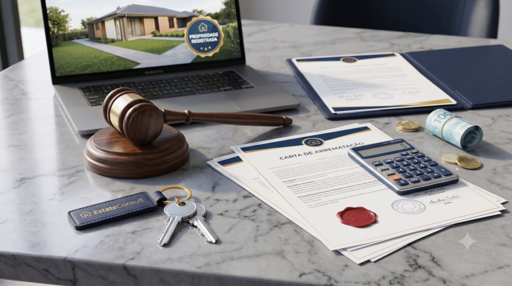 Visão geral de uma mesa de mármore em um escritório sofisticado. No centro, um laptop MacBook Pro aberto exibe uma plataforma de leilão imobiliário online da Estate Consult, mostrando detalhes de um imóvel, lance atual de R$ 485.000 e uma renderização digital da casa. À direita, uma pasta de couro aberta contém um contrato de compra e transferência assinado, com um rolo de notas de Real (R$ 100) e moedas de ouro acima. Um martelo de leilão de madeira clássico e um bloco de som estão posicionados ao lado do laptop. No primeiro plano, um chaveiro de couro azul marinho EstateConsult com chaves, fones de ouvido sem fio e uma caneta. A cena é banhada por luz natural de uma janela lateral que dá para um pátio externo desfocado. O conjunto simboliza a segurança e o sucesso de um leilão imobiliário online gerido profissionalmente. O Que Fazer Após Arrematar Imóvel em Leilão