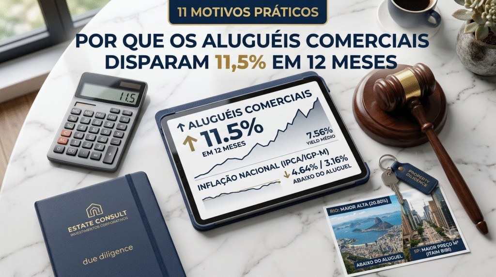Uma imagem de resumo de post de blog corporativo em uma mesa de mármore branco polido. No topo, uma faixa preta com a inscrição em dourado '11 MOTIVOS PRÁTICOS'. Abaixo dela, o título principal em azul marinho 'POR QUE OS ALUGUÉIS COMERCIAIS DISPARAM 11,5% EM 12 MESES'. No centro, um tablet (provavelmente um iPad) exibe um gráfico de linha ascendente com o título '↑ ALUGUÉIS COMERCIAIS ↑ 11.5% EM 12 MESES' e '7.56% YIELD MÉDIO'. O tablet também mostra uma comparação: 'INFLAÇÃO NACIONAL (IPCA/IGP-M) ↓ 4.64% / 3.16% ABAIXO DO ALUGUEL'. Ao redor do tablet, há vários objetos de escritório organizados. À esquerda, uma calculadora prateada exibe '11.5' e um caderno de capa dura azul marinho 'Estate Consult' com detalhes em dourado e a caneta, além da inscrição 'due diligence' em ouro. À direita, um martelo de leilão de madeira clássico com bloco de som. Um chaveiro de couro azul marinho com 'PROPERTY DILIGENCE' segura chaves, ao lado de um cartão postal que mostra duas cenas urbanas rotuladas: 'RIO: MAIOR ALTA (20.80%)' e 'SP: MAIOR PREÇO M² (ITAIM BIBI)'. O fundo inclui uma xícara de café e uma planta, completando o ambiente profissional e de análise de mercado.
