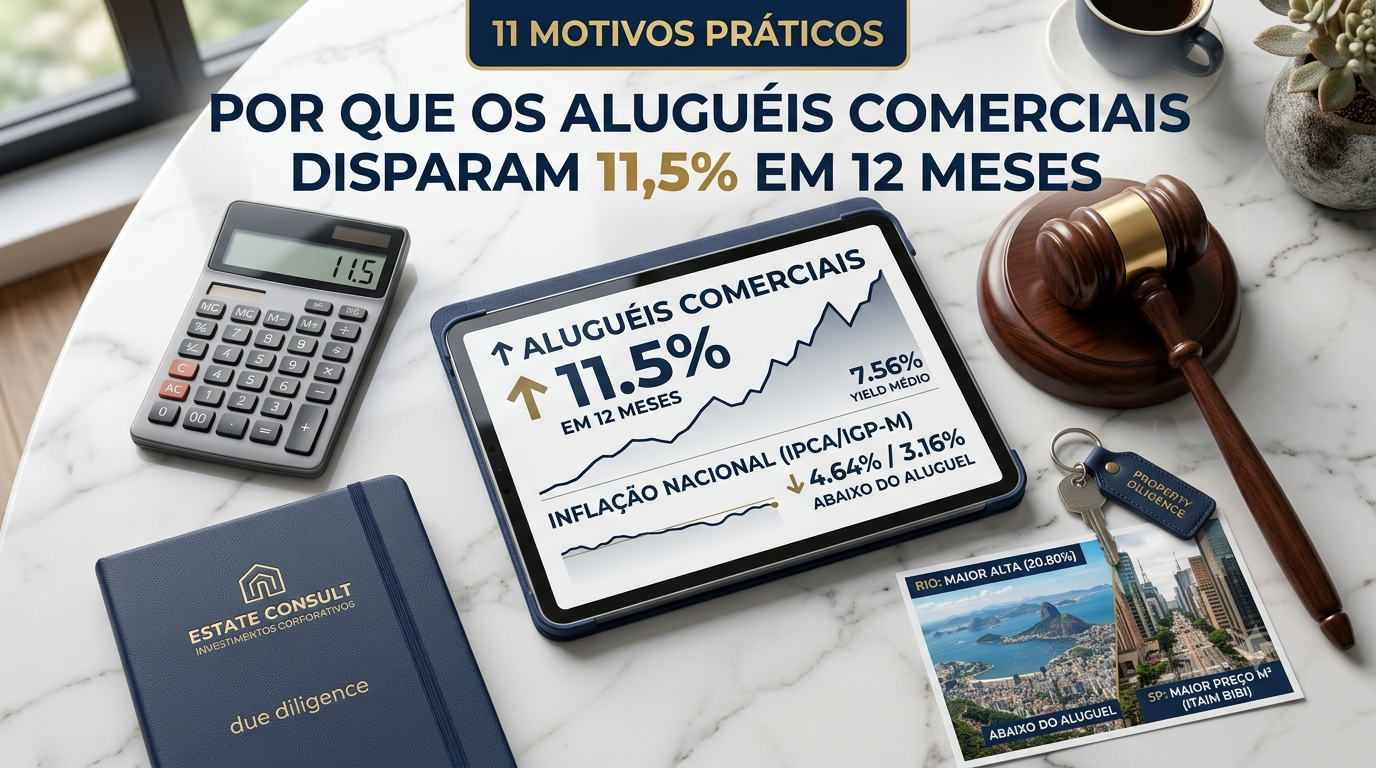 Uma imagem de resumo de post de blog corporativo em uma mesa de mármore branco polido. No topo, uma faixa preta com a inscrição em dourado '11 MOTIVOS PRÁTICOS'. Abaixo dela, o título principal em azul marinho 'POR QUE OS ALUGUÉIS COMERCIAIS DISPARAM 11,5% EM 12 MESES'. No centro, um tablet (provavelmente um iPad) exibe um gráfico de linha ascendente com o título '↑ ALUGUÉIS COMERCIAIS ↑ 11.5% EM 12 MESES' e '7.56% YIELD MÉDIO'. O tablet também mostra uma comparação: 'INFLAÇÃO NACIONAL (IPCA/IGP-M) ↓ 4.64% / 3.16% ABAIXO DO ALUGUEL'. Ao redor do tablet, há vários objetos de escritório organizados. À esquerda, uma calculadora prateada exibe '11.5' e um caderno de capa dura azul marinho 'Estate Consult' com detalhes em dourado e a caneta, além da inscrição 'due diligence' em ouro. À direita, um martelo de leilão de madeira clássico com bloco de som. Um chaveiro de couro azul marinho com 'PROPERTY DILIGENCE' segura chaves, ao lado de um cartão postal que mostra duas cenas urbanas rotuladas: 'RIO: MAIOR ALTA (20.80%)' e 'SP: MAIOR PREÇO M² (ITAIM BIBI)'. O fundo inclui uma xícara de café e uma planta, completando o ambiente profissional e de análise de mercado.