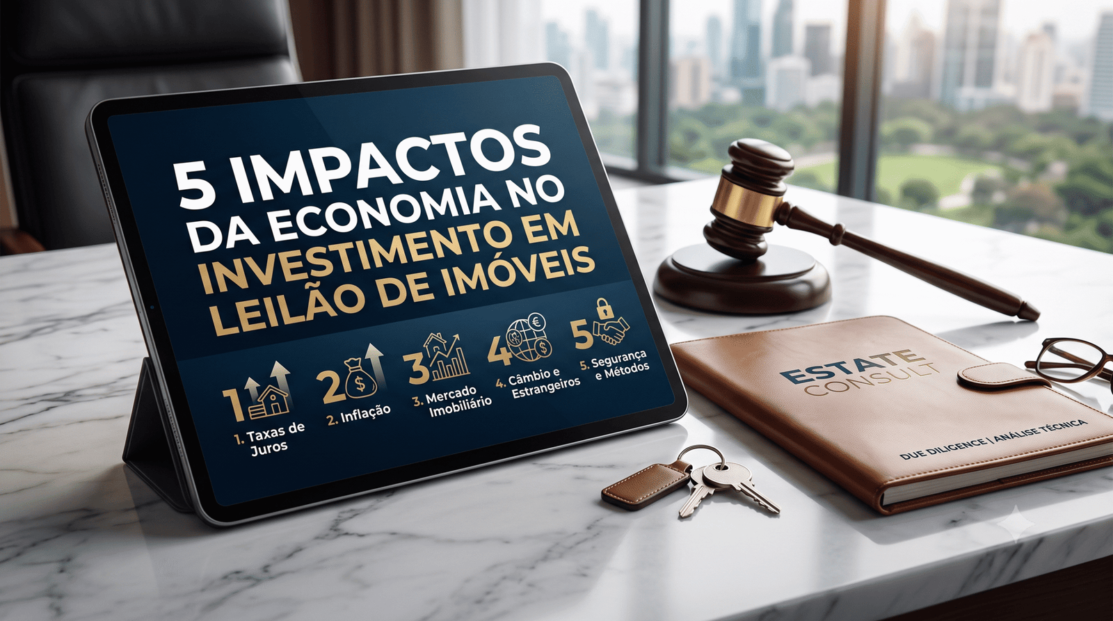 Uma imagem corporativa sobre mesa de mármore branco exibe um tablet com o título "5 Impactos da Economia no Investimento em Leilão de Imóveis" e ícones ilustrativos sobre taxas de juros, inflação, mercado imobiliário, câmbio e segurança técnica. Ao lado do tablet, estão um martelo de leilão de madeira, óculos de leitura, um molho de chaves de imóvel e uma pasta de couro com o logotipo da Estate Consult e a inscrição "Due Diligence | Análise Técnica", diante de uma janela ampla com vista para o horizonte urbano.