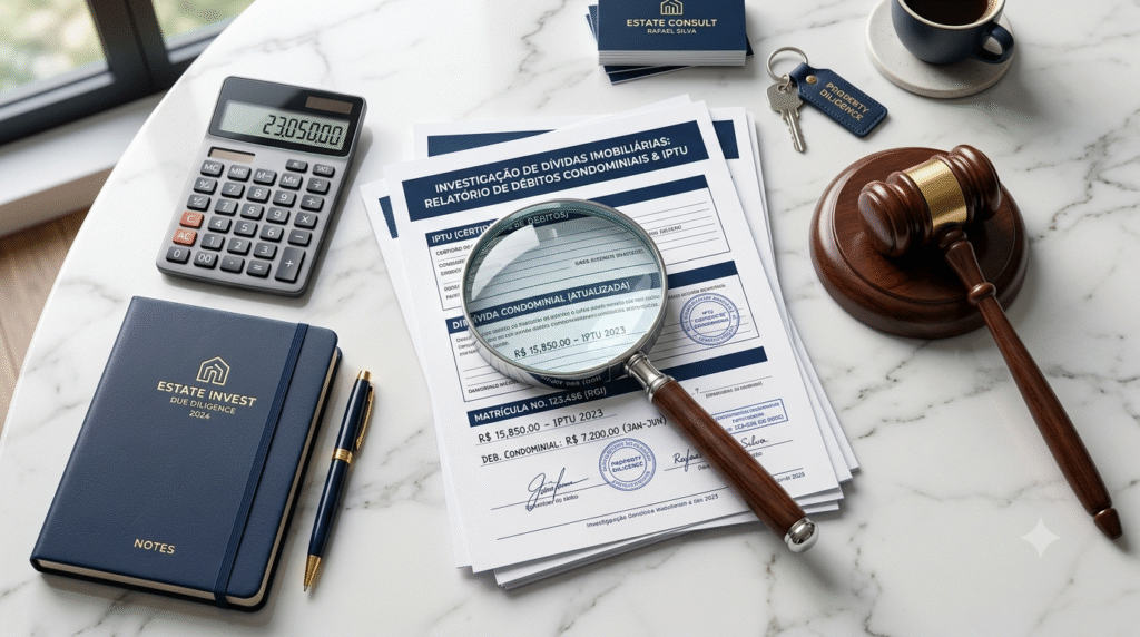 Fotografia em perspectiva de uma mesa de mármore branco. No centro, uma lupa repousa sobre documentos financeiros e guias de impostos, ilustrando a investigação para levantar dívidas de condomínio e IPTU em leilão. Ao redor, uma calculadora, um martelo de leilão de madeira e um caderno de couro azul marinho com detalhes em dourado, representando a assessoria segura e profissional da Estate Consult.