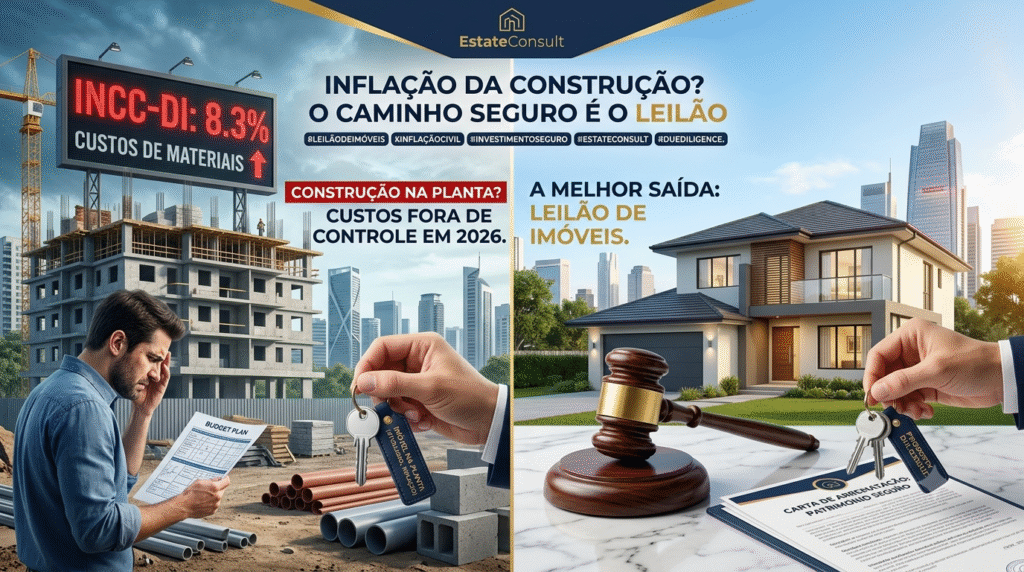 Imagem dividida em duas partes contrastantes. À esquerda, o problema: um cenário de obra inacabada com guindastes, materiais de construção e um painel digital indicando a alta do "INCC-DI: 8.3%", com um homem preocupado olhando uma planilha de orçamento, ilustrando os altos custos de imóveis na planta em 2026. À direita, a solução: uma casa moderna e pronta sob um céu azul, com um martelo de leilão clássico, um documento de "Carta de Arrematação" e uma mão segurando chaves com um chaveiro da Estate Consult sobre uma mesa de mármore. No topo, o logotipo da Estate Consult e o título central destacam: "Inflação da Construção? O Caminho Seguro é o Leilão