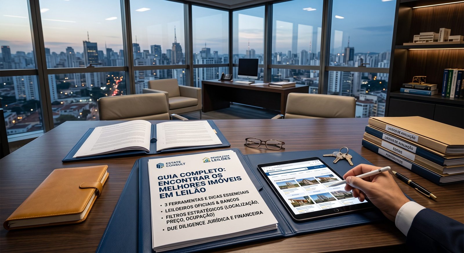 Visão em primeiro plano de uma mesa executiva de madeira com vista panorâmica para arranha-céus ao entardecer. Sobre a mesa, uma mão com caneta digital navega em um tablet exibindo listagens de leilões ao lado de uma pasta aberta com o documento impresso "Guia Completo: Encontrar os Melhores Imóveis em Leilão", além de pastas com laudos de avaliação, editais e chaves de imóvel.