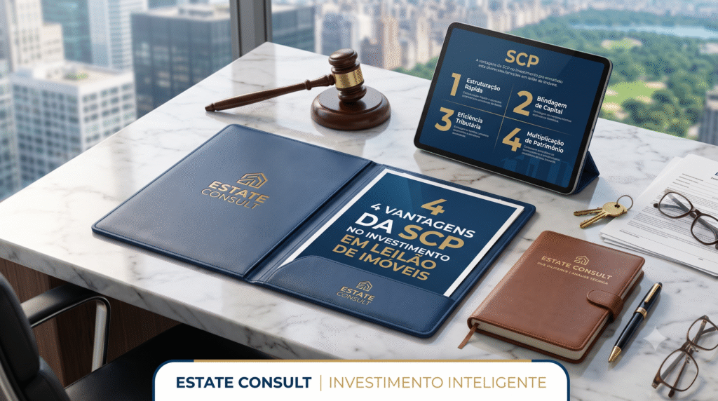 Imagem corporativa sobre mesa de mármore em um escritório de alto padrão, mostrando uma pasta executiva em couro azul marinho aberta com o documento "4 Vantagens da SCP no Investimento em Leilão de Imóveis" impresso. Ao fundo, um tablet exibe o infográfico dos 4 pontos principais da SCP, acompanhado por um martelo de leilão em madeira, chaves de imóvel, óculos de grau, caneta tinteiro e uma caderneta em couro com o logotipo da Estate Consult. Na base da imagem, destaca-se a barra com a inscrição "Estate Consult | Investimento Inteligente".