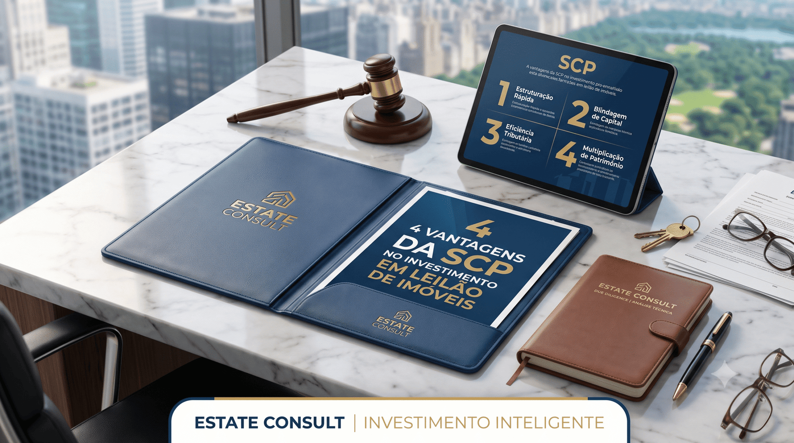 Imagem corporativa sobre mesa de mármore em um escritório de alto padrão, mostrando uma pasta executiva em couro azul marinho aberta com o documento "4 Vantagens da SCP no Investimento em Leilão de Imóveis" impresso. Ao fundo, um tablet exibe o infográfico dos 4 pontos principais da SCP, acompanhado por um martelo de leilão em madeira, chaves de imóvel, óculos de grau, caneta tinteiro e uma caderneta em couro com o logotipo da Estate Consult. Na base da imagem, destaca-se a barra com a inscrição "Estate Consult | Investimento Inteligente".