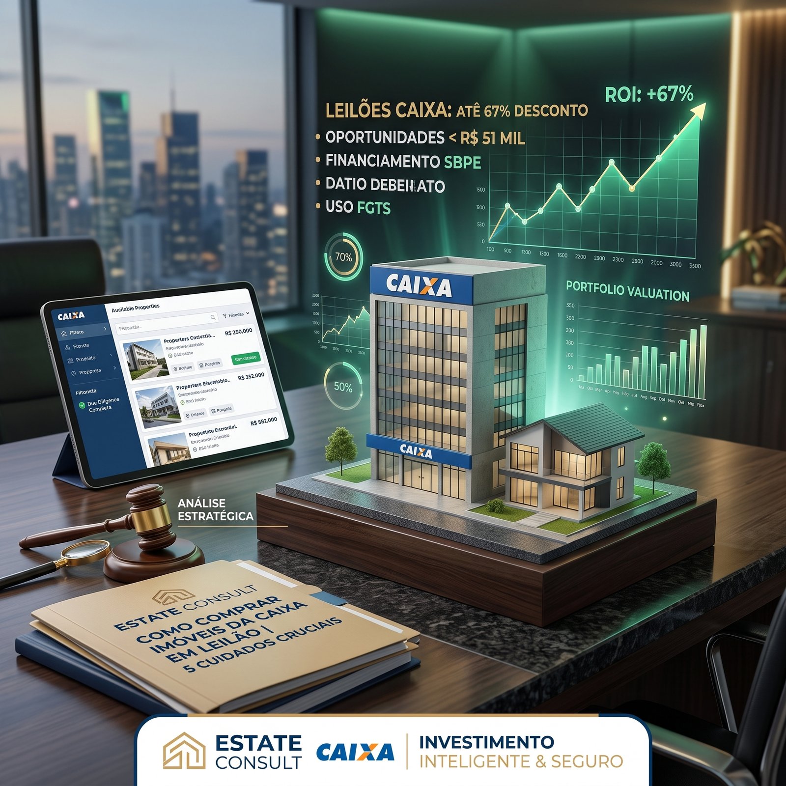 Mesa executiva em escritório com vista urbana, exibindo uma maquete arquitetônica iluminada de um edifício corporativo da Caixa e uma residência moderna, cercada por gráficos holográficos de valorização imobiliária e ROI de até 67%. Ao lado, um tablet mostra listagens de leilão e, em primeiro plano, uma pasta institucional traz o relatório "Estate Consult: Como Comprar Imóveis da Caixa em Leilão | 5 Cuidados Cruciais", acompanhado de martelo de hasta pública e lupa de análise técnica.