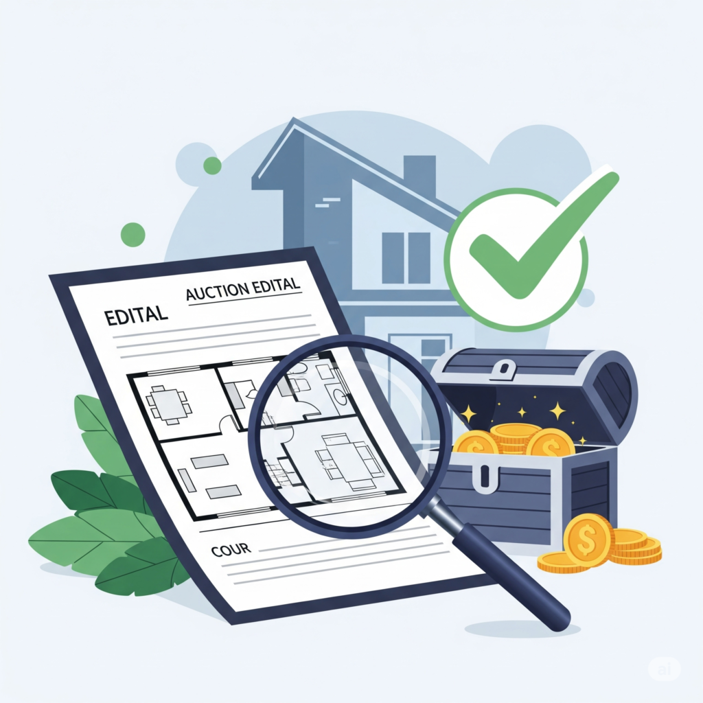 Ilustração vetorial sobre análise de edital para arrematar com segurança em leilões, mostrando em primeiro plano uma prancheta com o documento do edital e a planta baixa de um imóvel sendo examinada por uma grande lupa. Ao fundo, destacam-se a silhueta de uma casa com um círculo verde de verificação (check mark) ao lado de um baú aberto repleto de moedas de ouro brilhantes, simbolizando a descoberta de oportunidades lucrativas e seguras no mercado imobiliário.